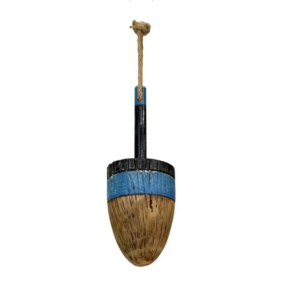 Decorative Wood Buoy Blue Stripe Rope Hanger 15 Inch Nautical Wall Accent